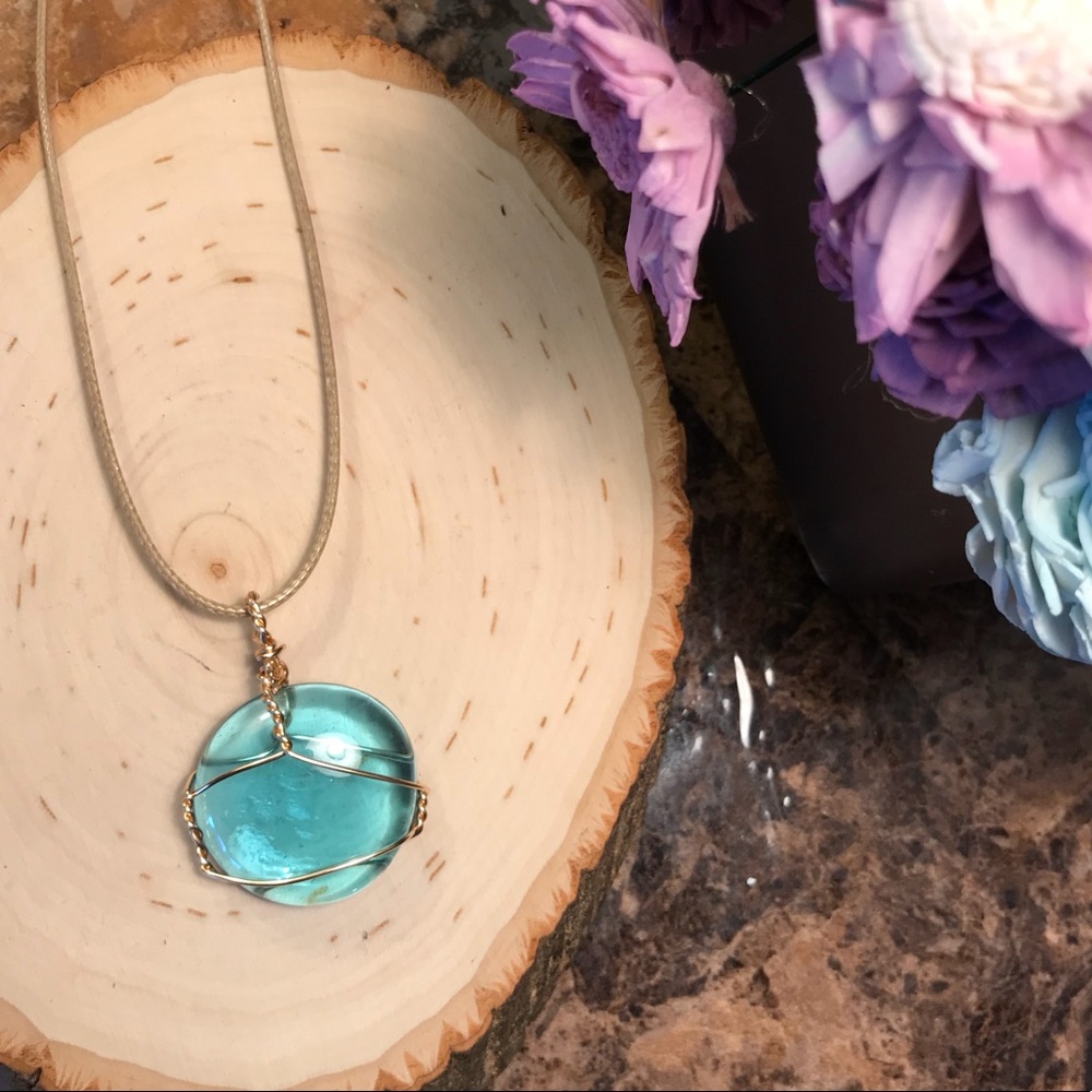Handmade necklace aqua wire wrap NEW - Picture 7 of 8